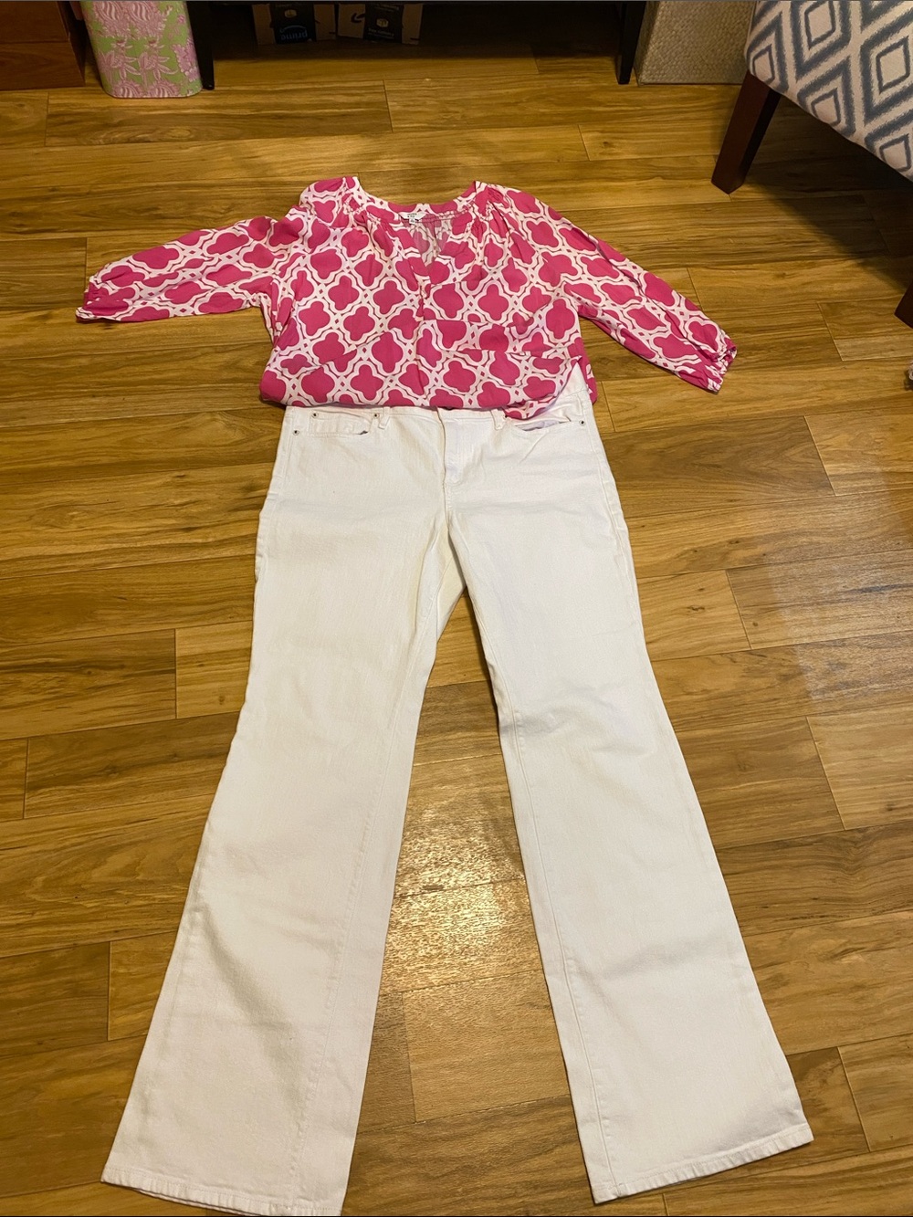 Bundle: Lilly Pulitzer White Babe Boot Cut Jean; size 14 w C&I pink/white blouse